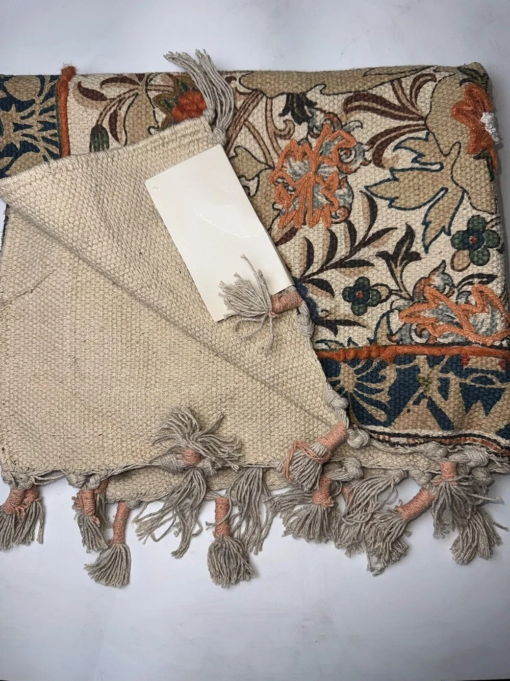 Magaschoni Beige Floral Tapestry Door Mat with Blue and Orange Accents